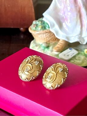 Gold Oval Filigree Clip-On Earrings with Crystal Accents